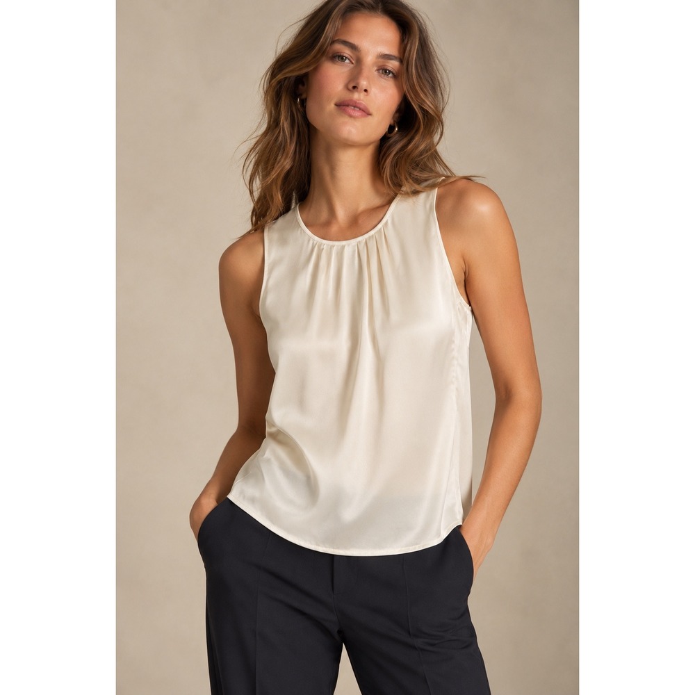 Escada Womens 100% Silk Sleeveless Pleated Neck Blouse Shell Cream Ivory Size 34